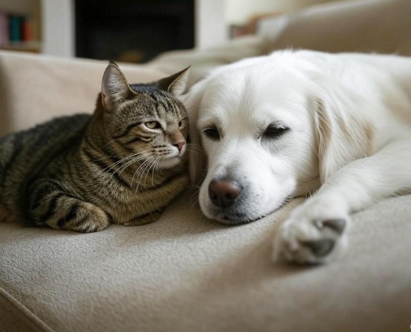 Kissa ja koira sohvalla